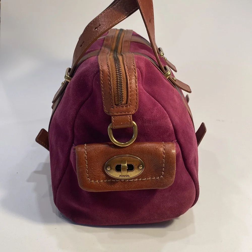 FOSSIL Maddox Brown Leather with Purple Suede Satchel - Picture 3 of 11